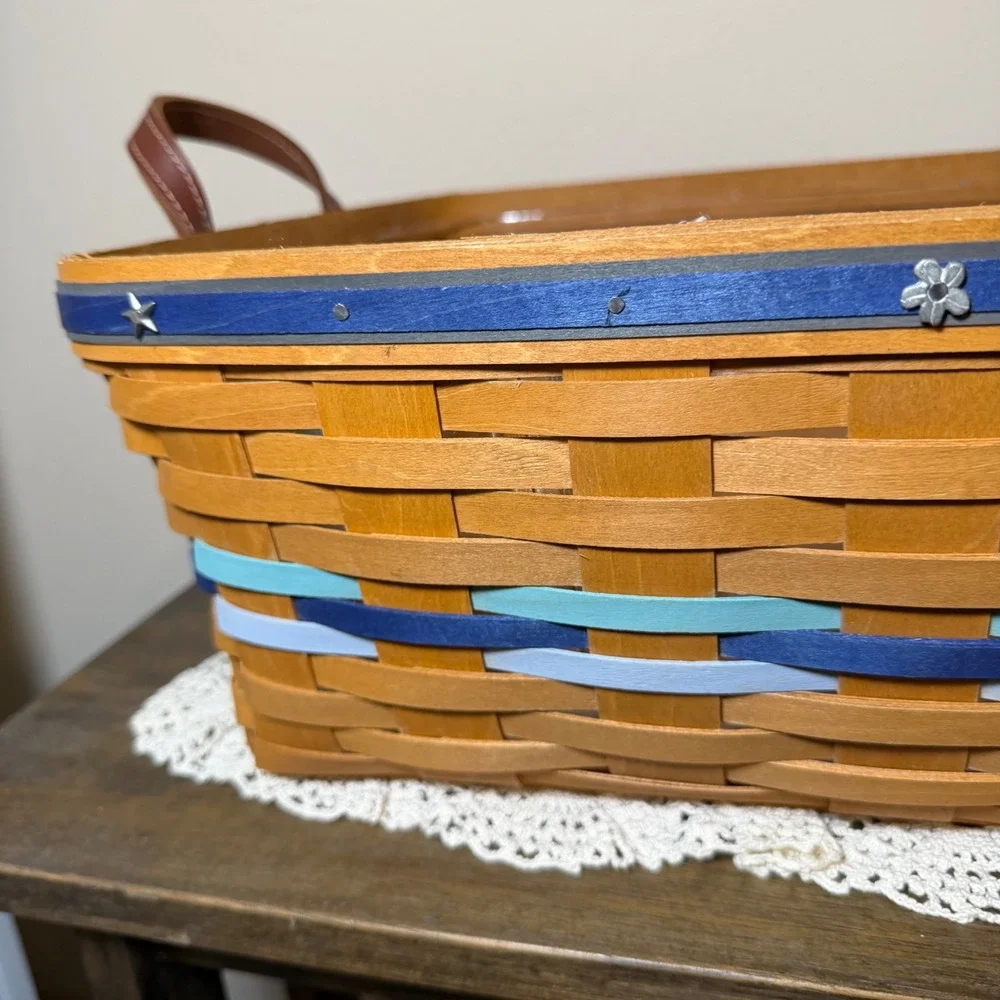 Longaberger Woven Wood Basket Leather Blue Handles Plastic Liner 17